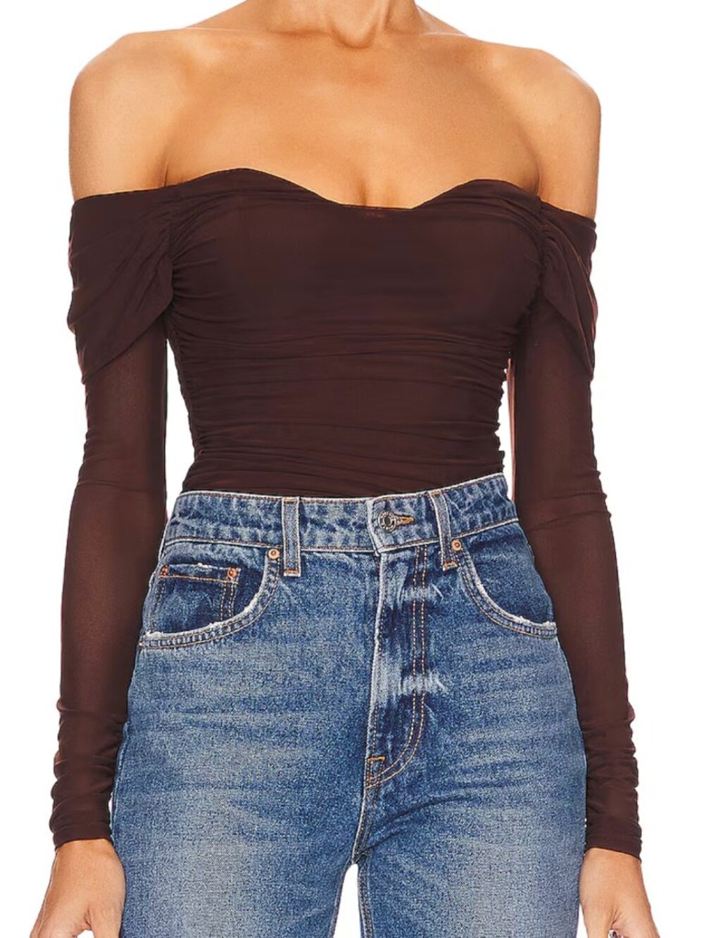 Majorelle Mesh Ruched Brown Crop Top